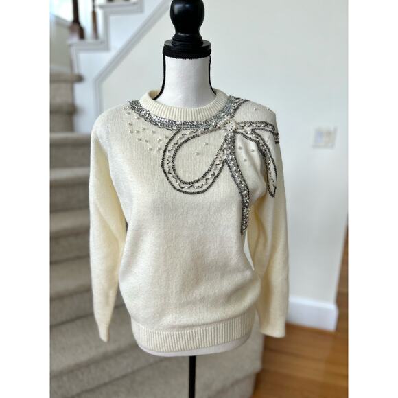 Vintage Cream Crewneck Silver Beaded Bow Sweater - Picture 1 of 8